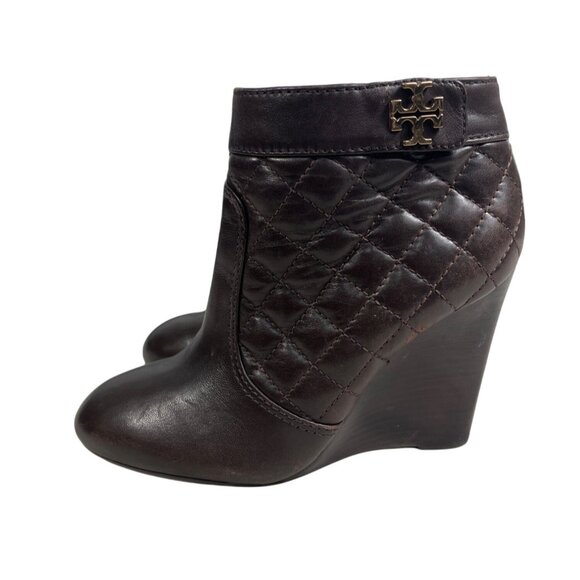 Tory Burch Leila Brown Quilted Leather Stacked Wedge Heel Bootie Sz 6.5M - Picture 2 of 10